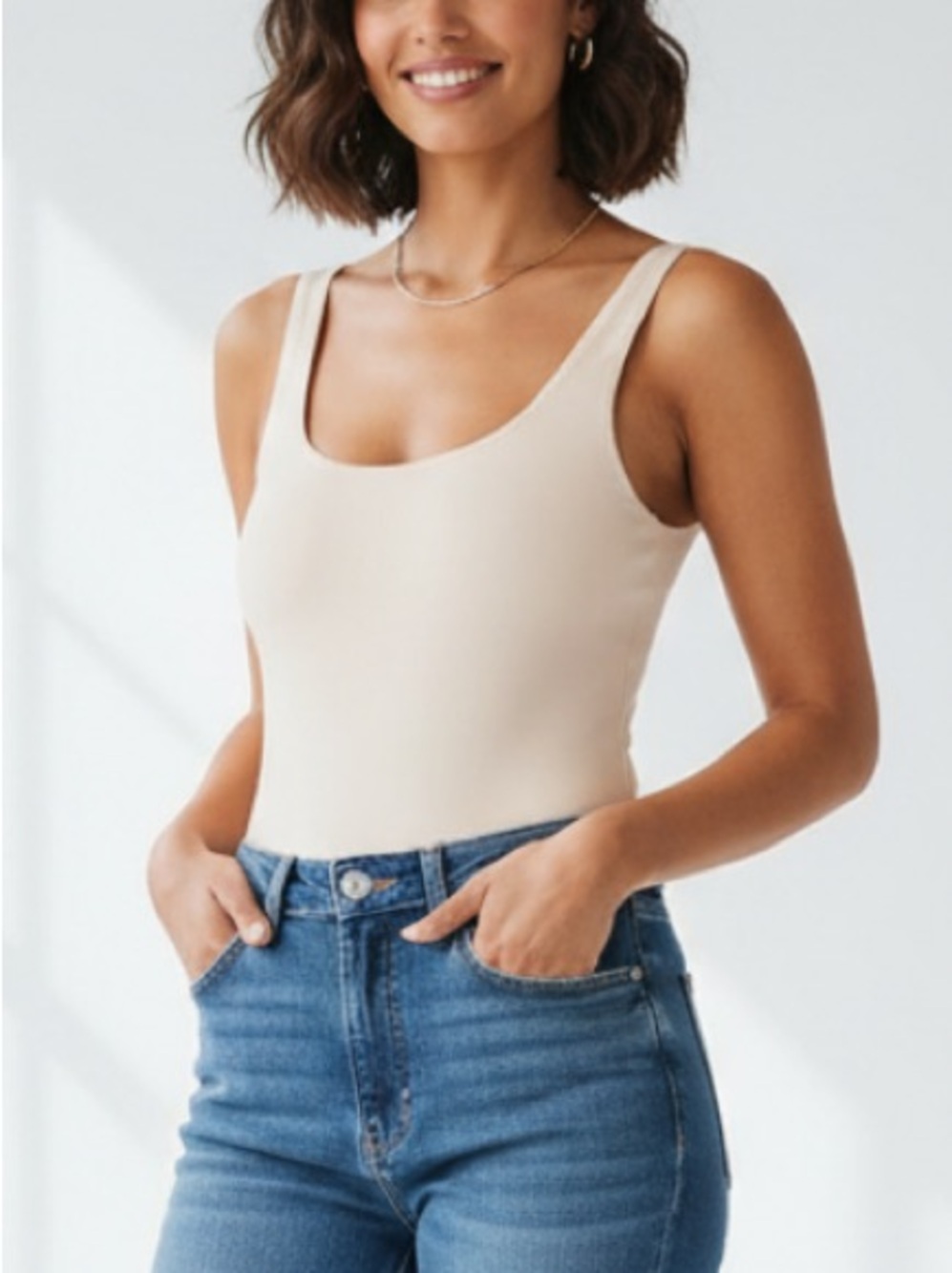 Shinestar Scoop Neck Bodysuit in Cream